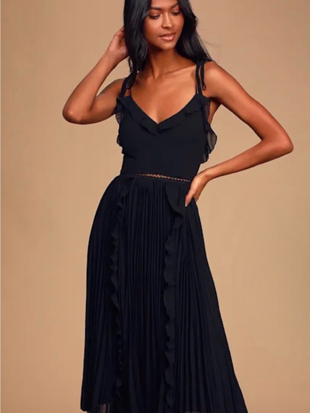 Lulu's Black Pleated Midi Dress with Tie Straps